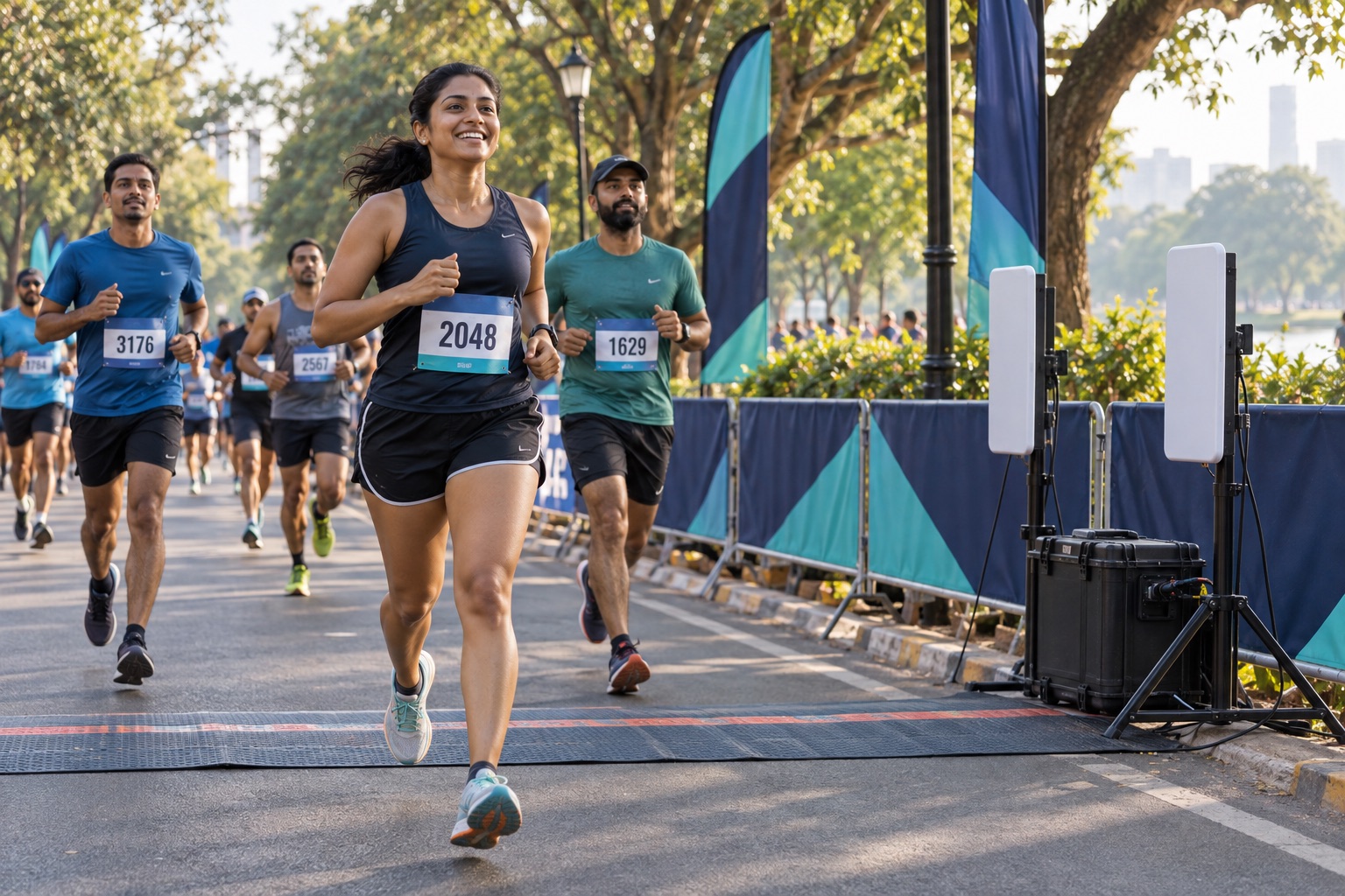 Runners wearing numbered bibs cross a race timing line beside RFID panel antennas.